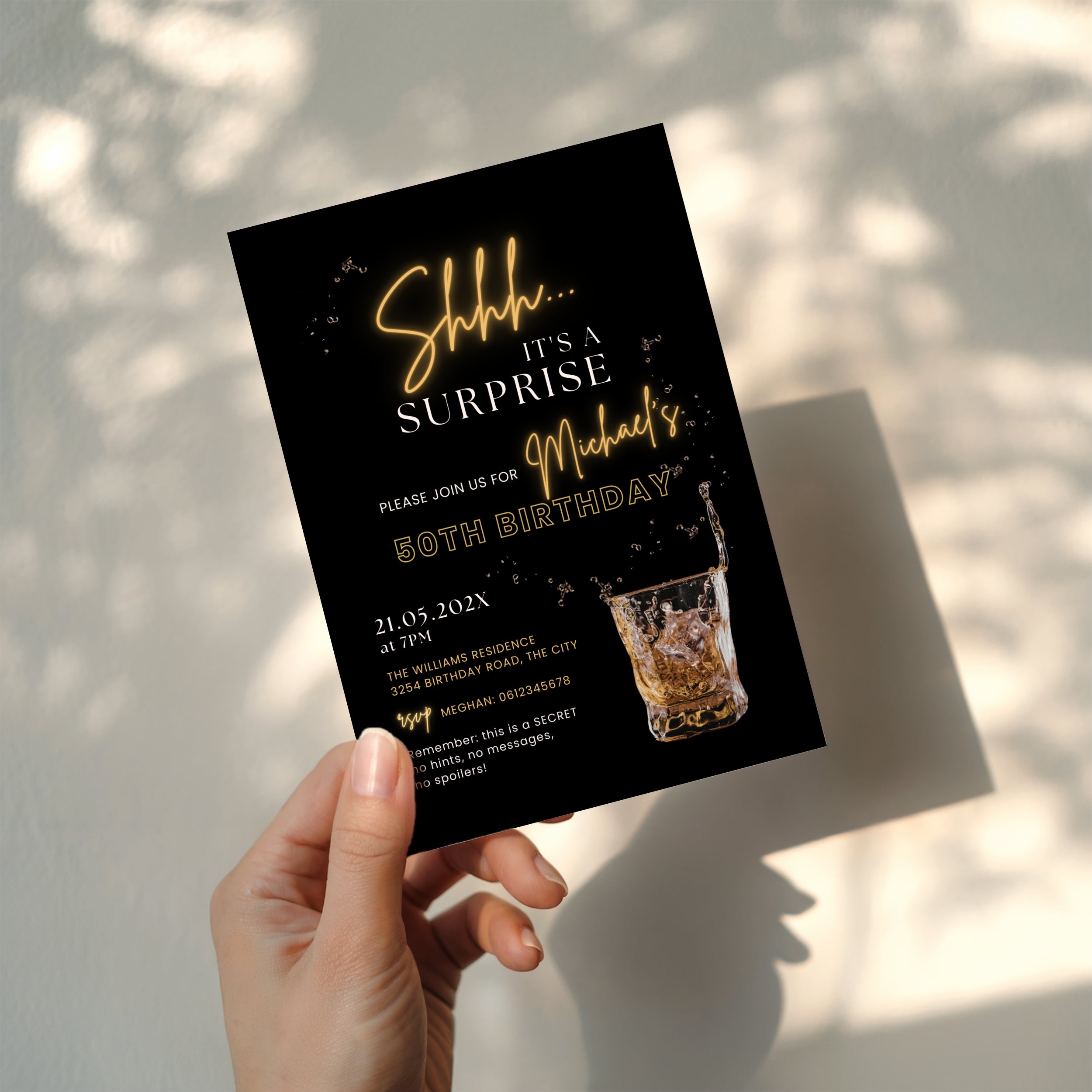 40th birthday invite, surprise birthday invitation, black gold party invite, milestone birthday invite, whiskey birthday invite, elegant birthday template, cocktail party invite