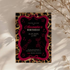 cheetah print birthday invitation with neon text and glam party design with red bow
