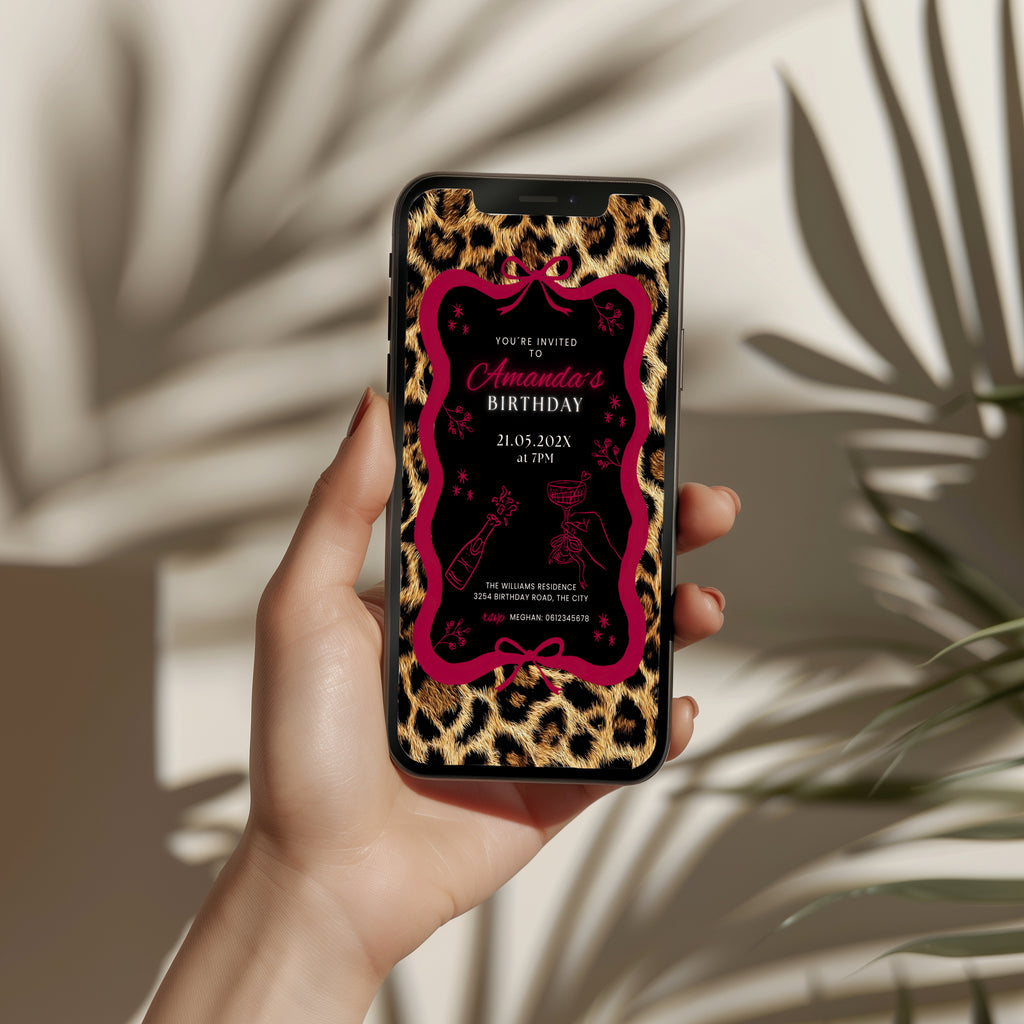 cheetah print birthday invitation with neon text and glam party design with red bow