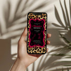 cheetah print birthday invitation with neon text and glam party design with red bow
