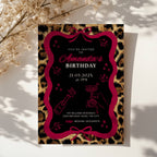 cheetah print birthday invitation with neon text and glam party design with red bow