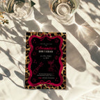 cheetah print birthday invitation with neon text and glam party design with red bow
