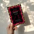 cheetah print birthday invitation with neon text and glam party design with red bow