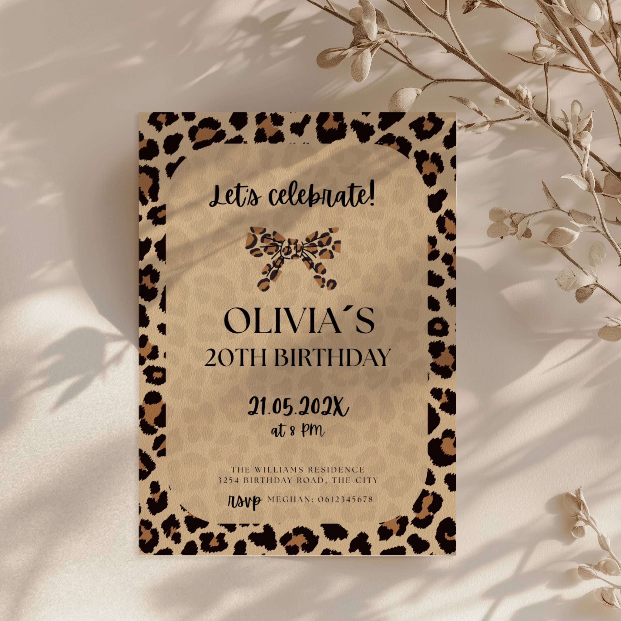 neutral beige cheetah print birthday invitation with leopard border and modern typography