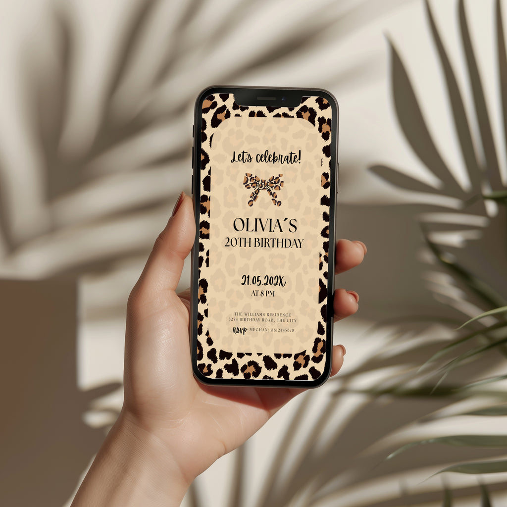 neutral beige cheetah print birthday invitation with leopard border and modern typography