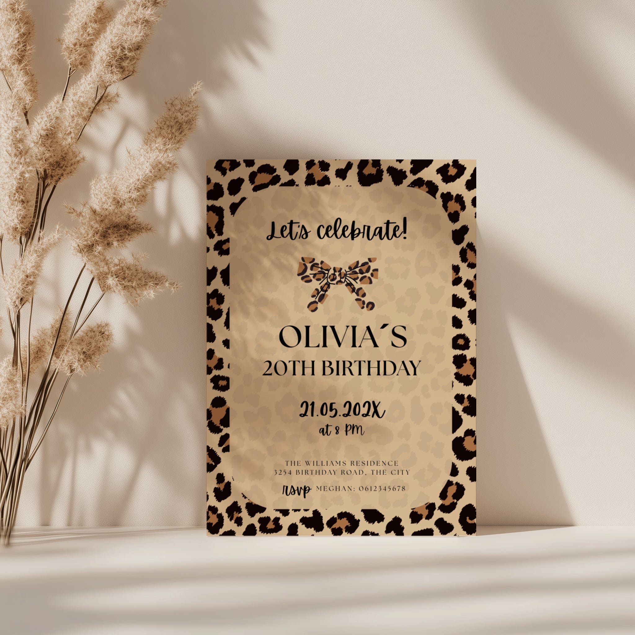 neutral beige cheetah print birthday invitation with leopard border and modern typography