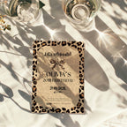 neutral beige cheetah print birthday invitation with leopard border and modern typography