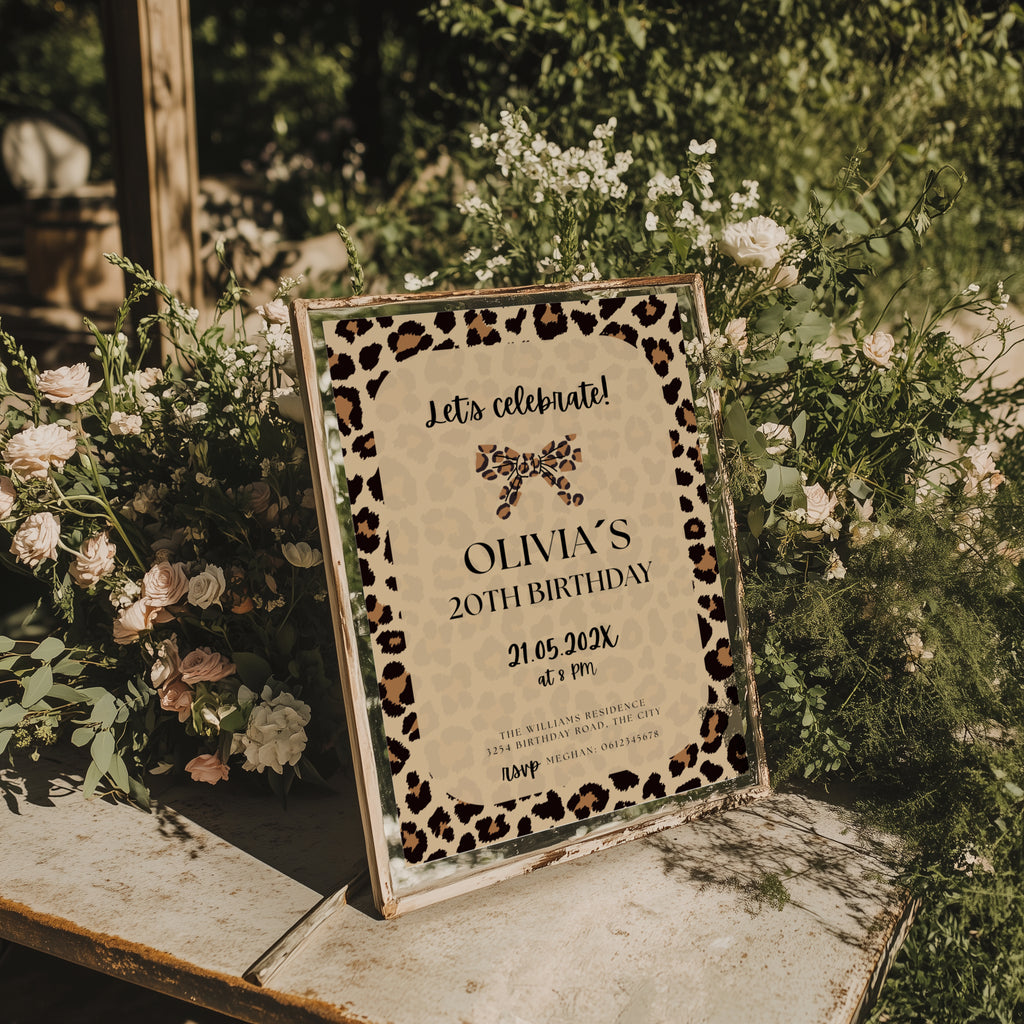 neutral beige cheetah print birthday invitation with leopard border and modern typography