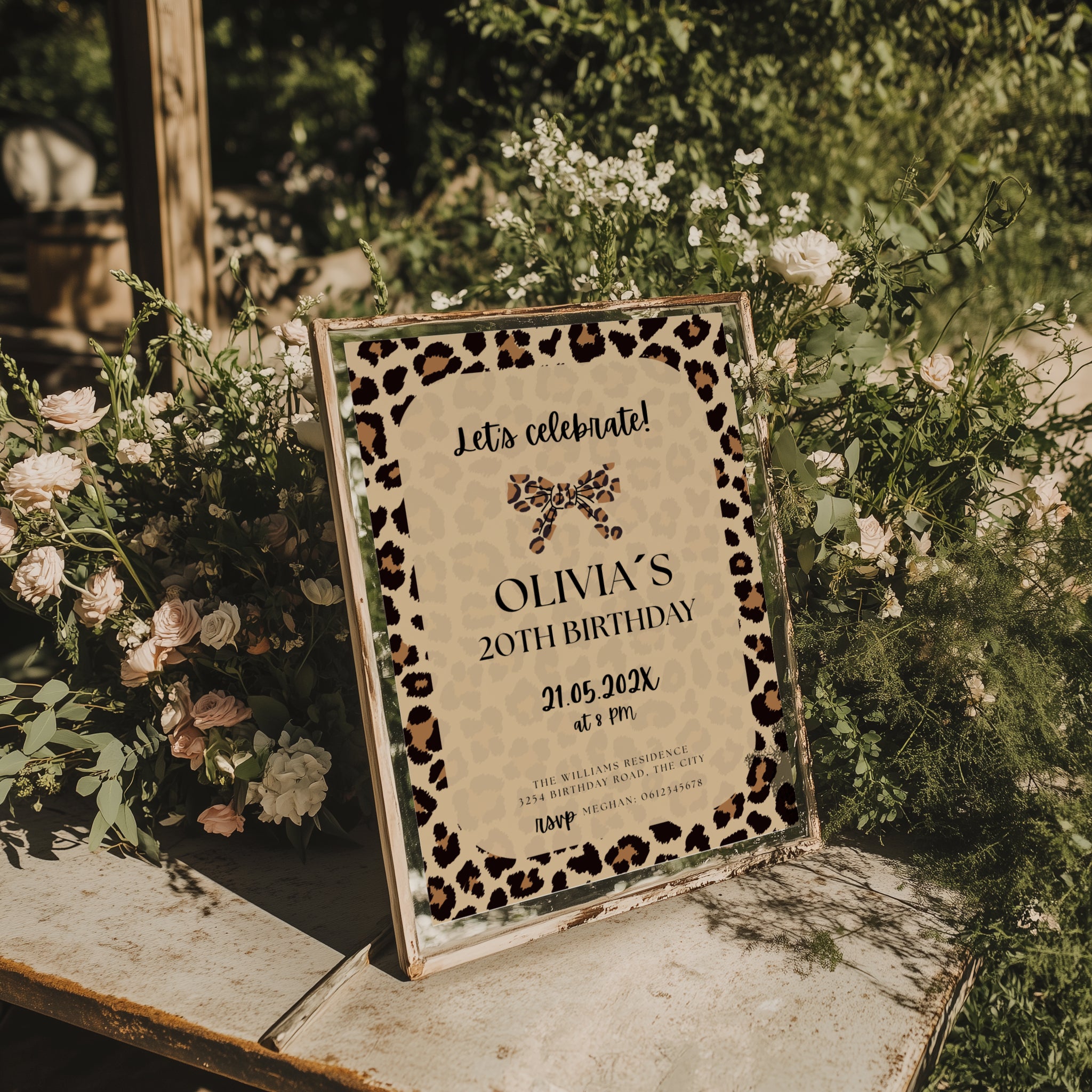 neutral beige cheetah print birthday invitation with leopard border and modern typography