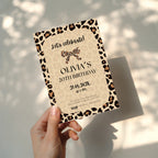 neutral beige cheetah print birthday invitation with leopard border and modern typography