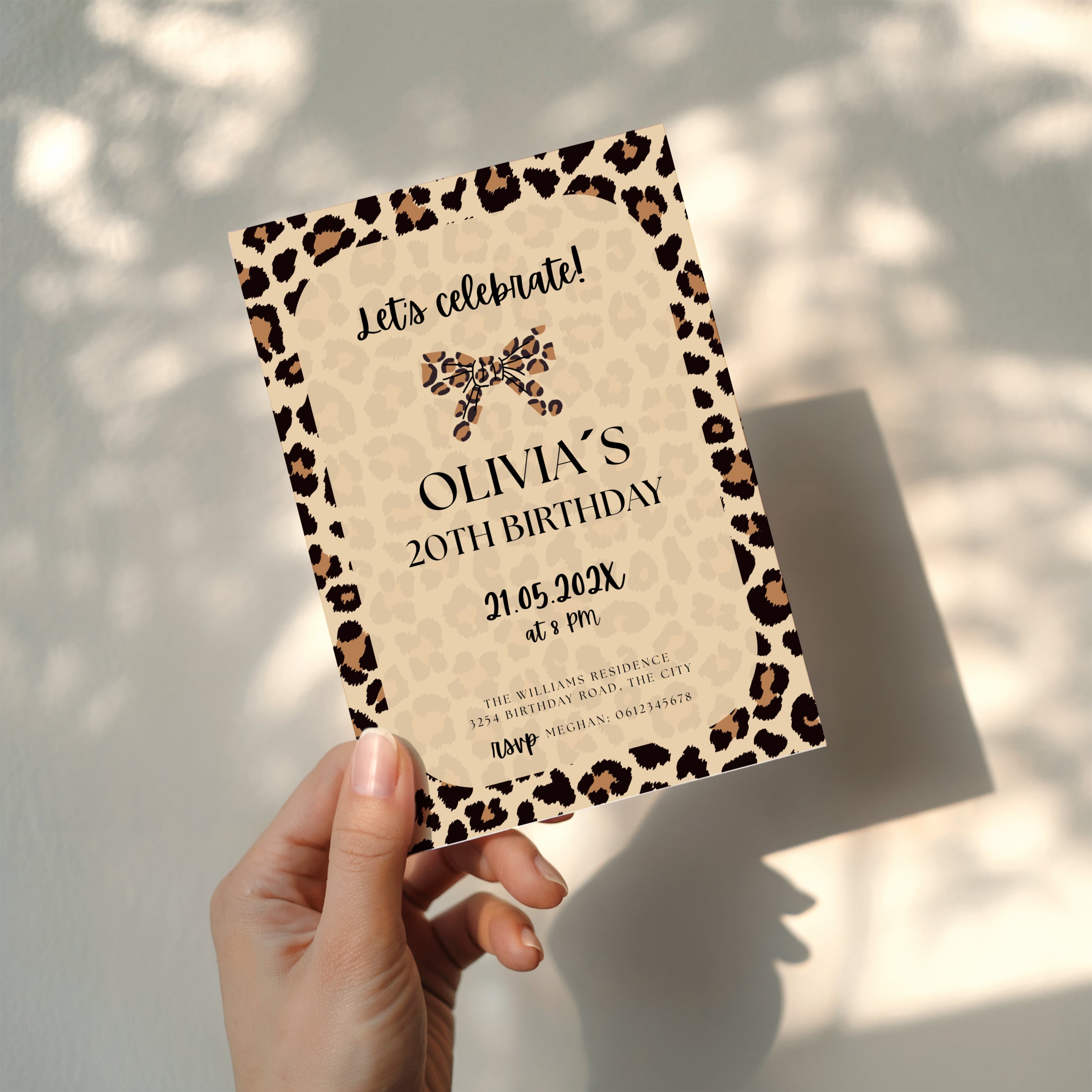 neutral beige cheetah print birthday invitation with leopard border and modern typography