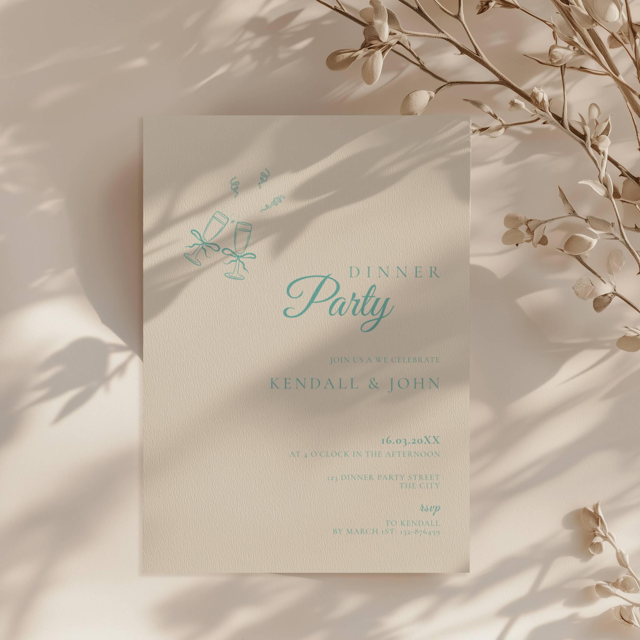 minimalist dinner party invitation with teal typography and champagne glasses on neutral background
