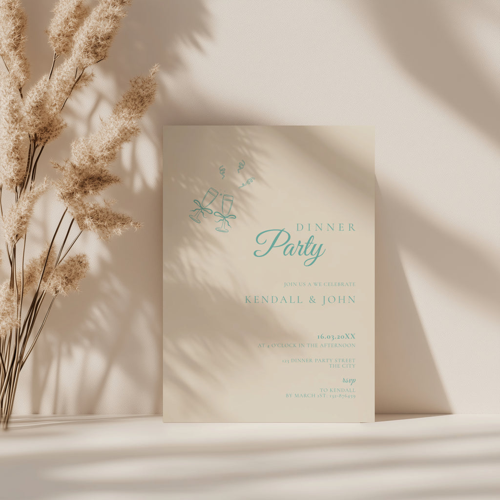 minimalist dinner party invitation with teal typography and champagne glasses on neutral background