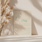 minimalist dinner party invitation with teal typography and champagne glasses on neutral background
