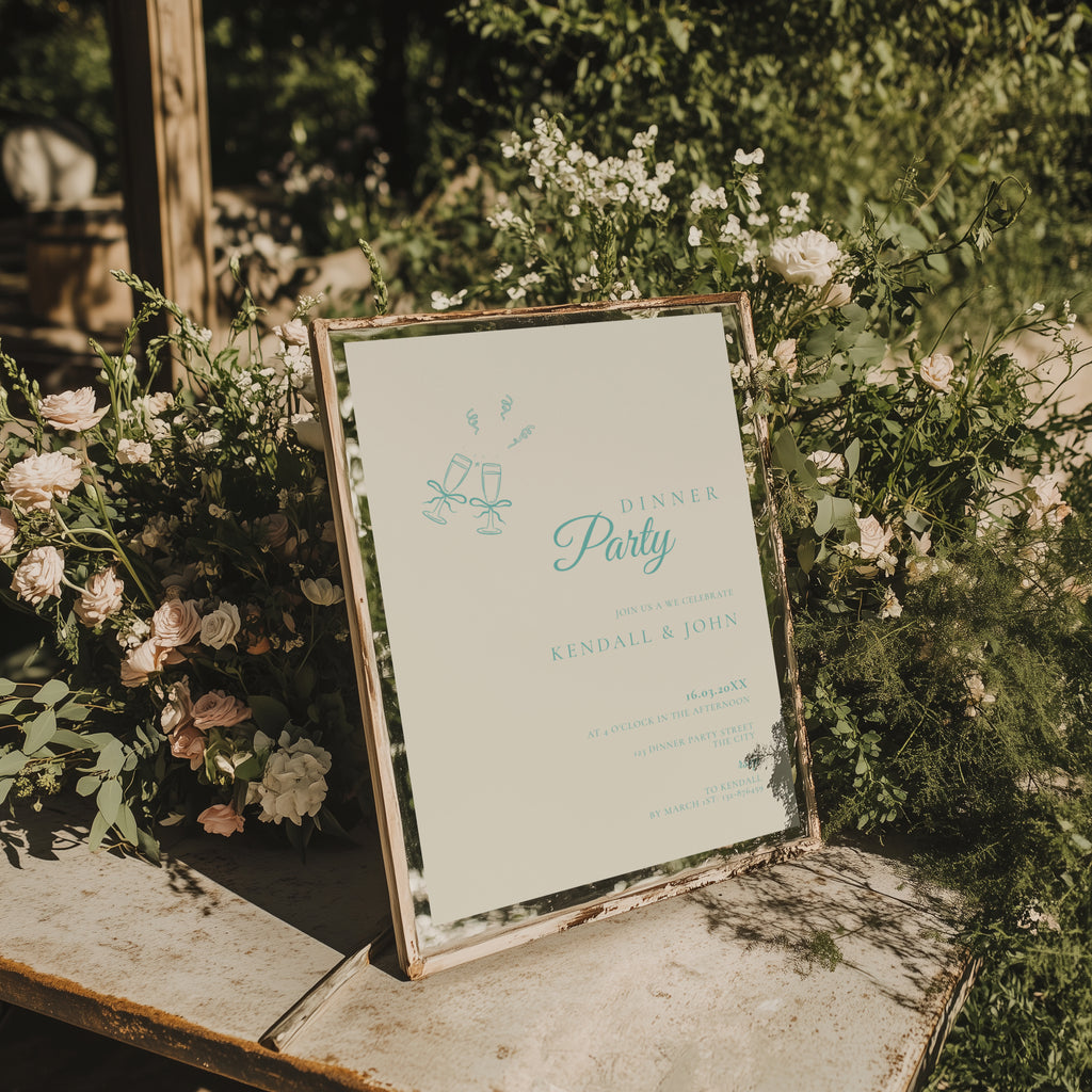minimalist dinner party invitation with teal typography and champagne glasses on neutral background