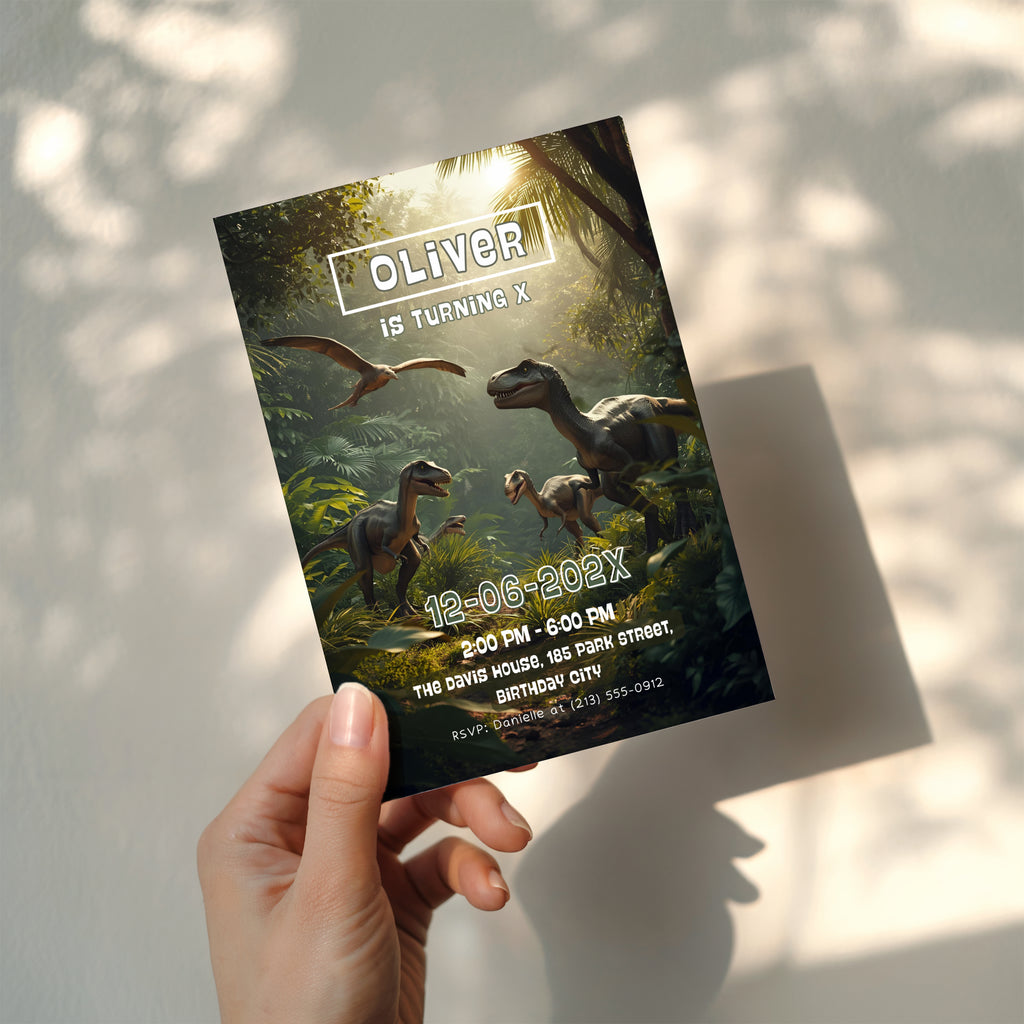 Editable realistic dinosaur jungle birthday invitation featuring lifelike dinosaurs in a tropical rainforest Canva template