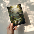 Editable realistic dinosaur jungle birthday invitation featuring lifelike dinosaurs in a tropical rainforest Canva template
