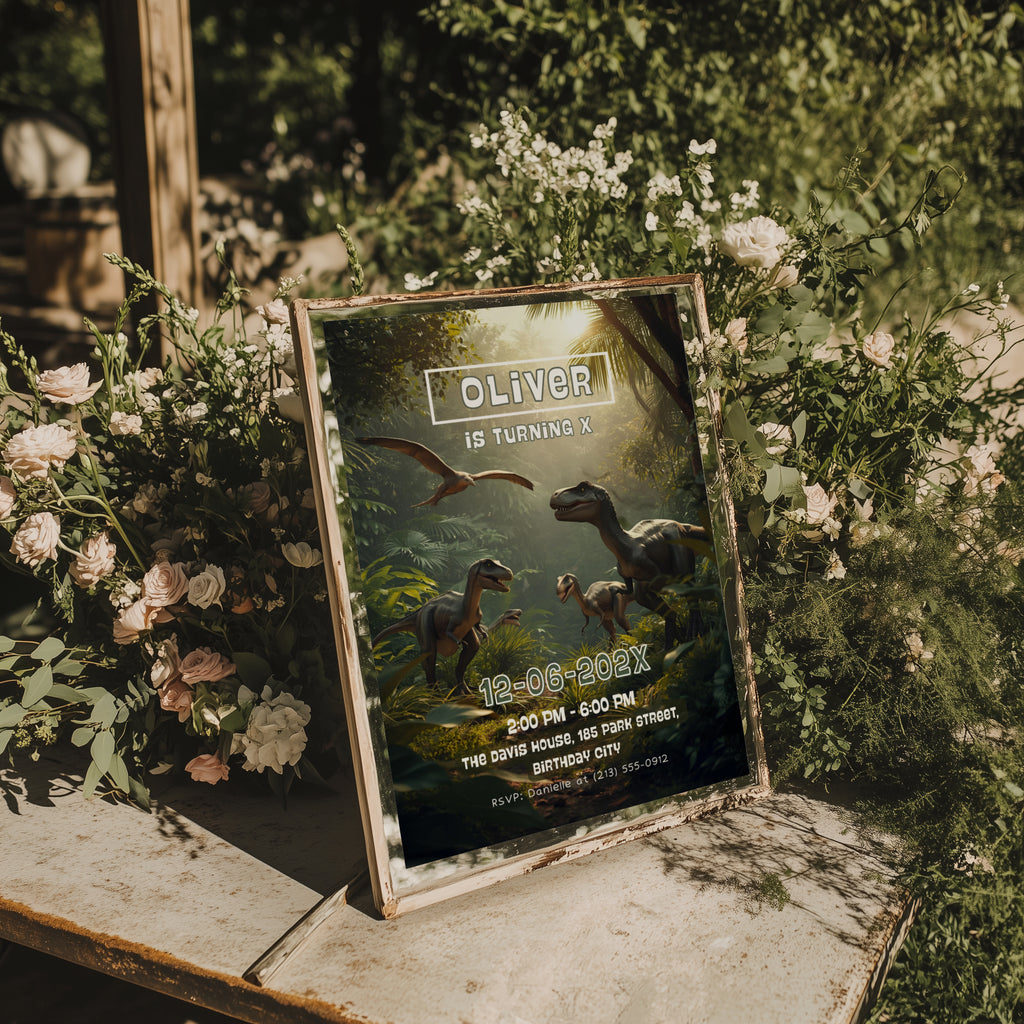 Editable realistic dinosaur jungle birthday invitation featuring lifelike dinosaurs in a tropical rainforest Canva template