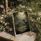 Editable realistic dinosaur jungle birthday invitation featuring lifelike dinosaurs in a tropical rainforest Canva template