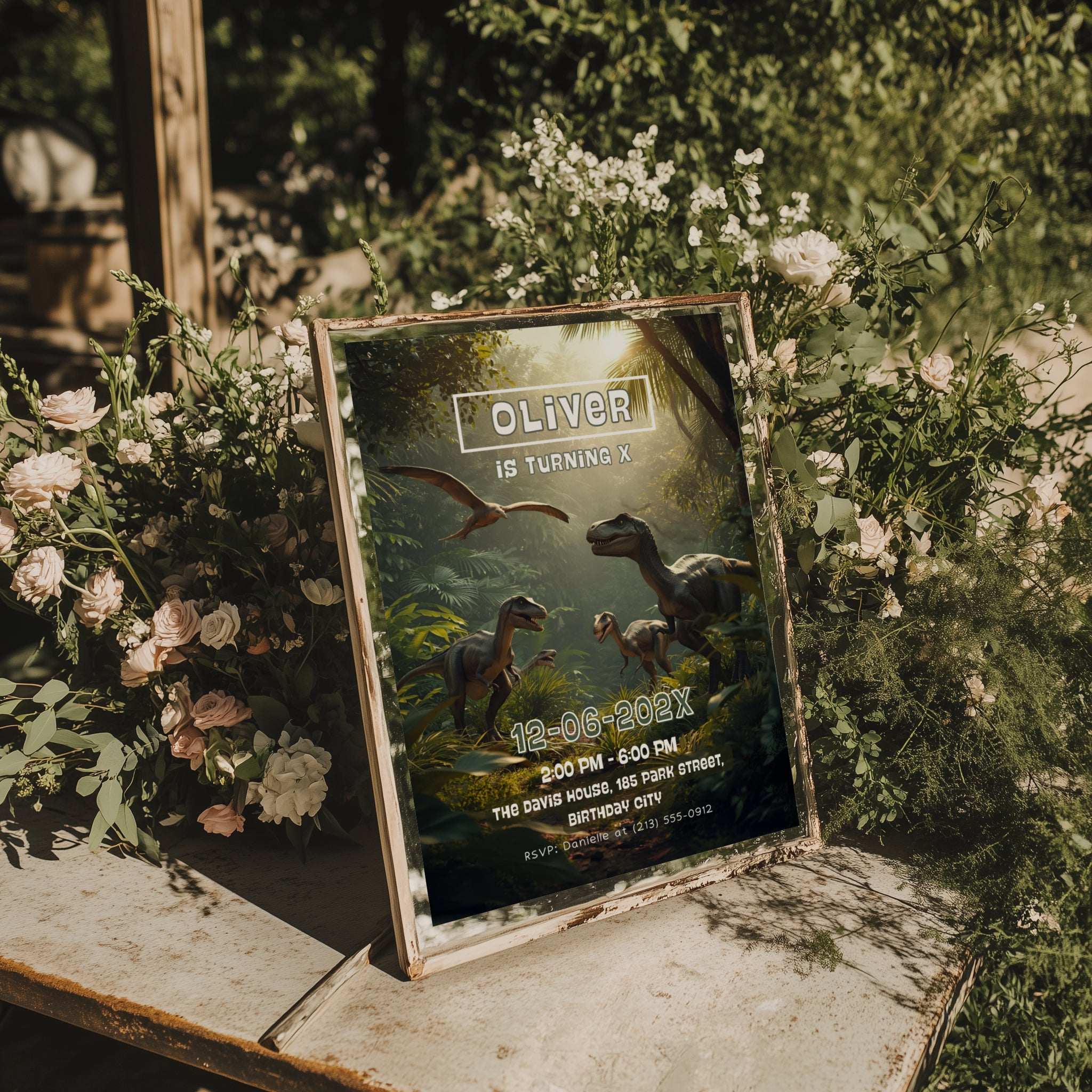 Editable realistic dinosaur jungle birthday invitation featuring lifelike dinosaurs in a tropical rainforest Canva template