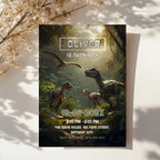 Editable realistic dinosaur jungle birthday invitation featuring lifelike dinosaurs in a tropical rainforest Canva template