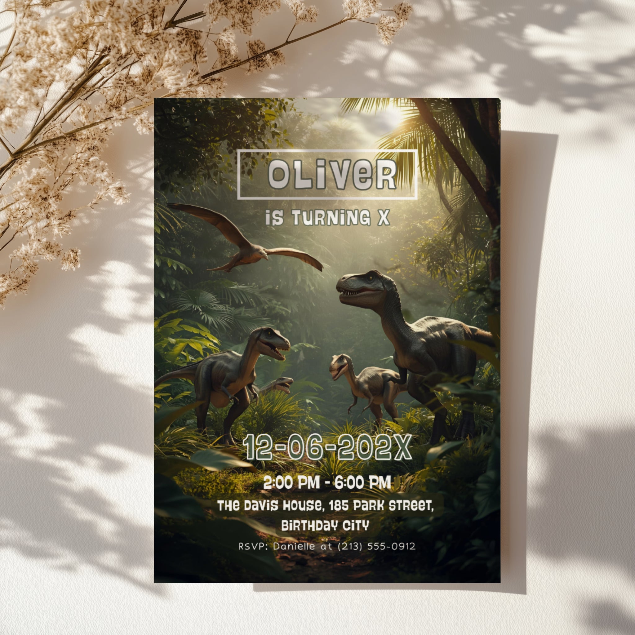 Editable realistic dinosaur jungle birthday invitation featuring lifelike dinosaurs in a tropical rainforest Canva template
