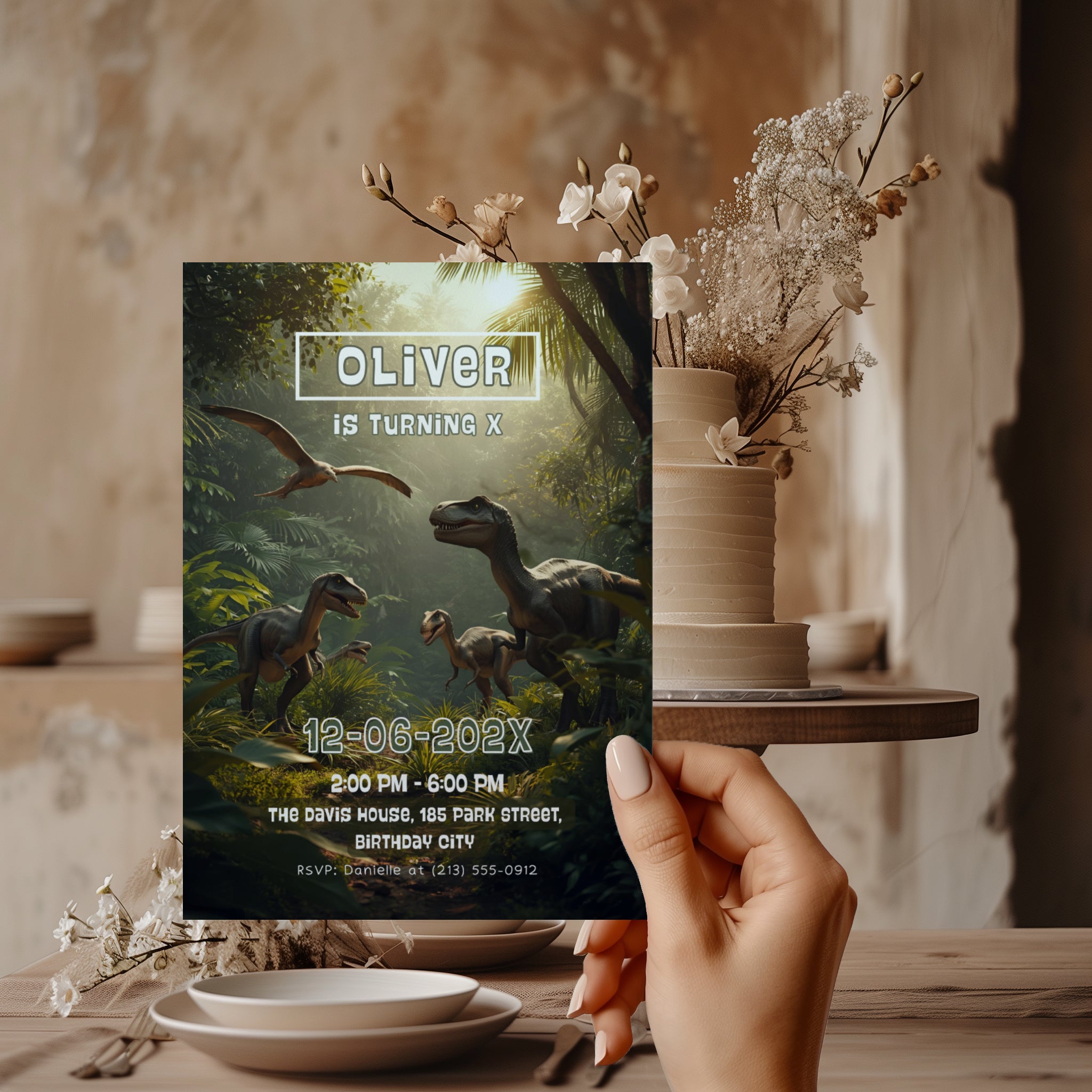 Editable realistic dinosaur jungle birthday invitation featuring lifelike dinosaurs in a tropical rainforest Canva template