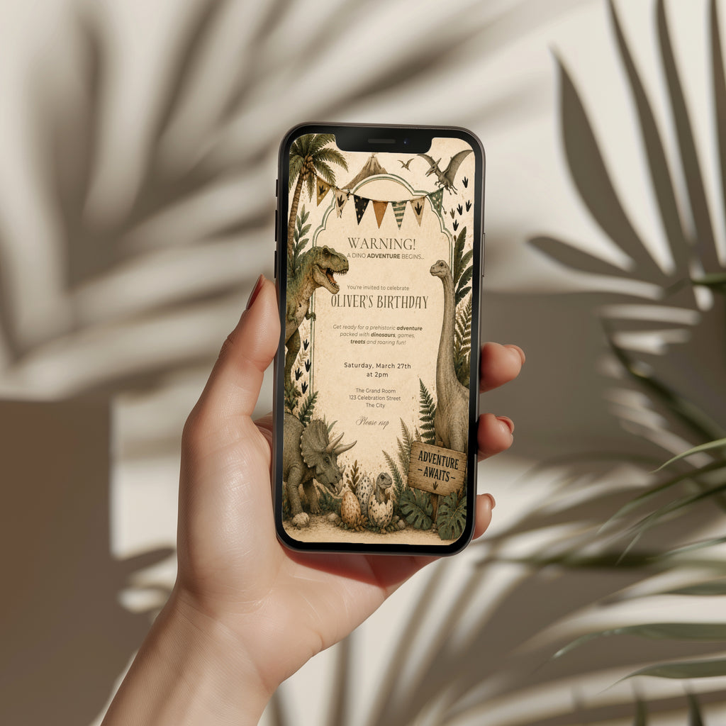 Editable vintage dinosaur adventure birthday invitation featuring hand illustrated prehistoric dinosaurs in neutral earthy tones Canva template