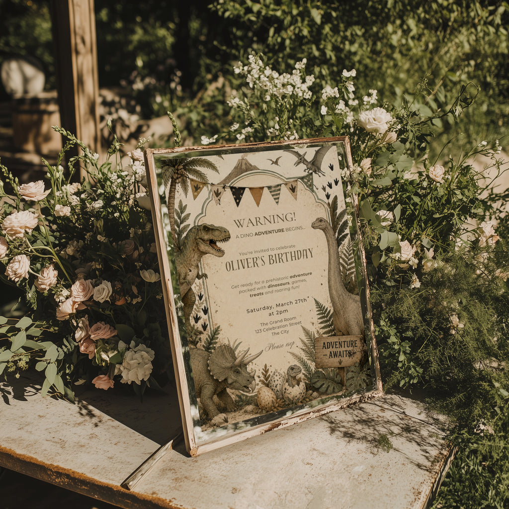 Editable vintage dinosaur adventure birthday invitation featuring hand illustrated prehistoric dinosaurs in neutral earthy tones Canva template