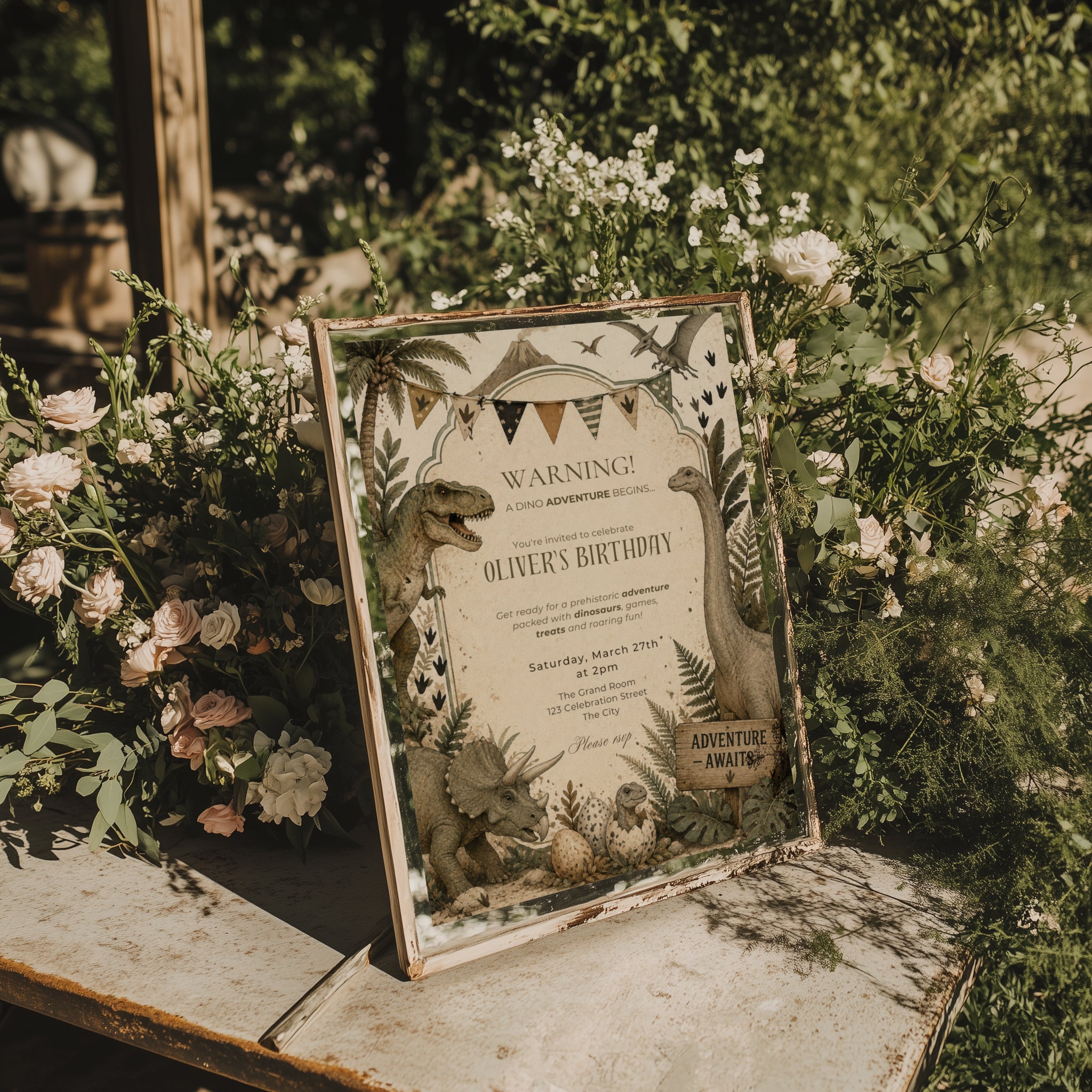 Editable vintage dinosaur adventure birthday invitation featuring hand illustrated prehistoric dinosaurs in neutral earthy tones Canva template