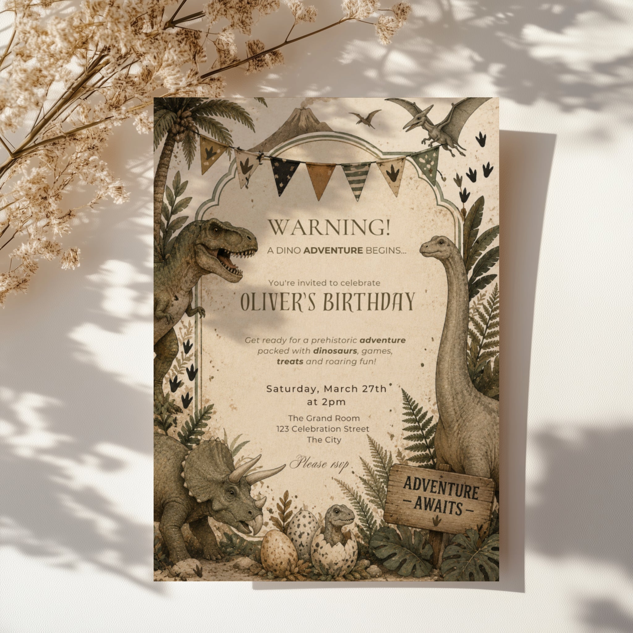Editable vintage dinosaur adventure birthday invitation featuring hand illustrated prehistoric dinosaurs in neutral earthy tones Canva template