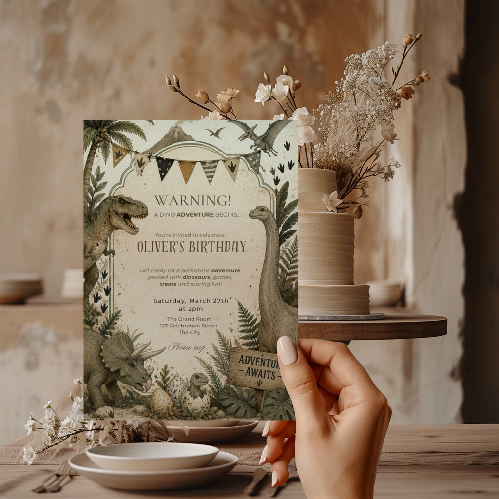 Editable vintage dinosaur adventure birthday invitation featuring hand illustrated prehistoric dinosaurs in neutral earthy tones Canva template