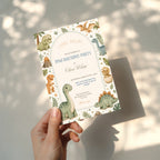 Editable cute baby dinosaur birthday invitation with watercolor dinosaurs and neutral earthy colors Canva template