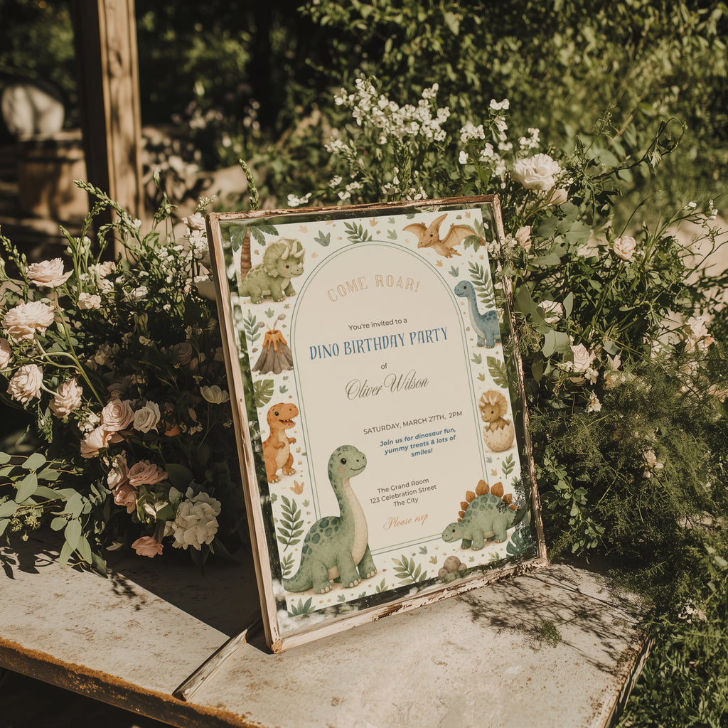 Editable cute baby dinosaur birthday invitation with watercolor dinosaurs and neutral earthy colors Canva template
