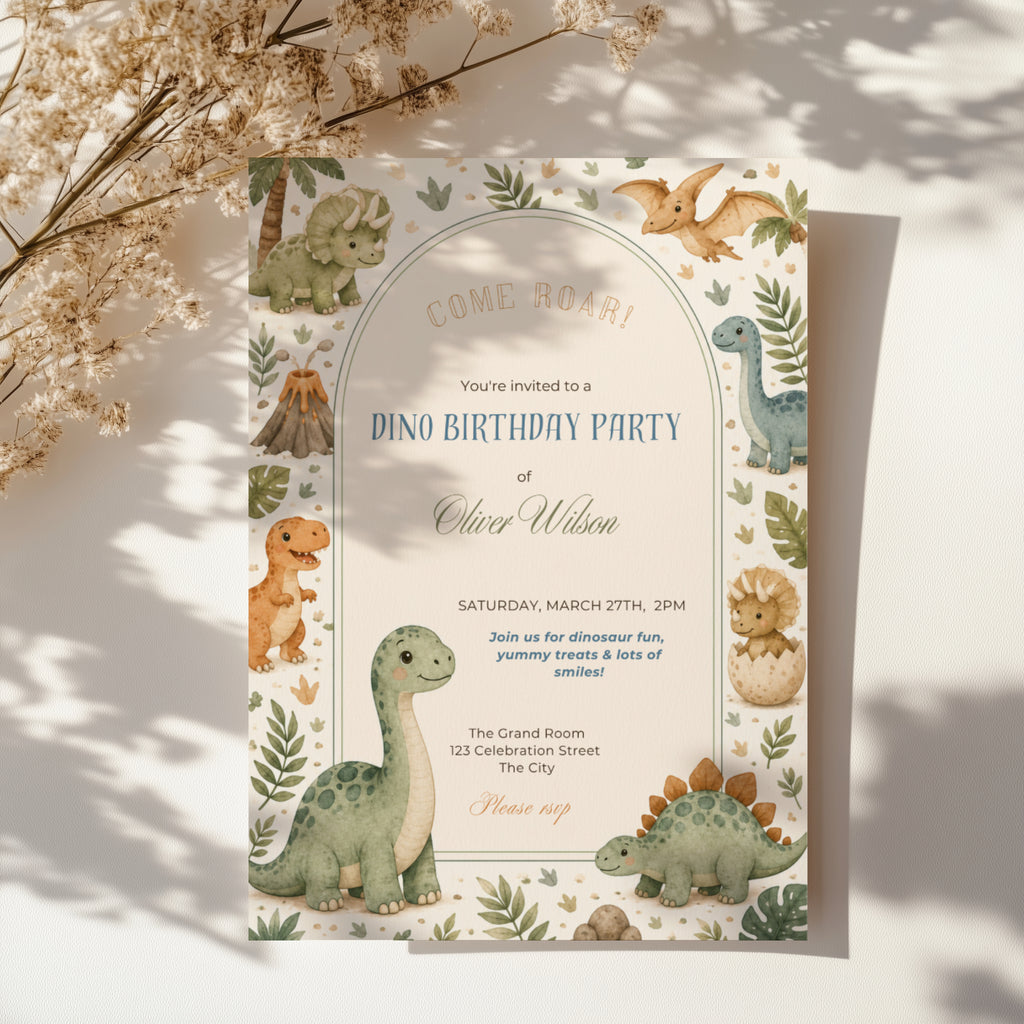 Editable cute baby dinosaur birthday invitation with watercolor dinosaurs and neutral earthy colors Canva template