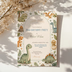 Editable cute baby dinosaur birthday invitation with watercolor dinosaurs and neutral earthy colors Canva template