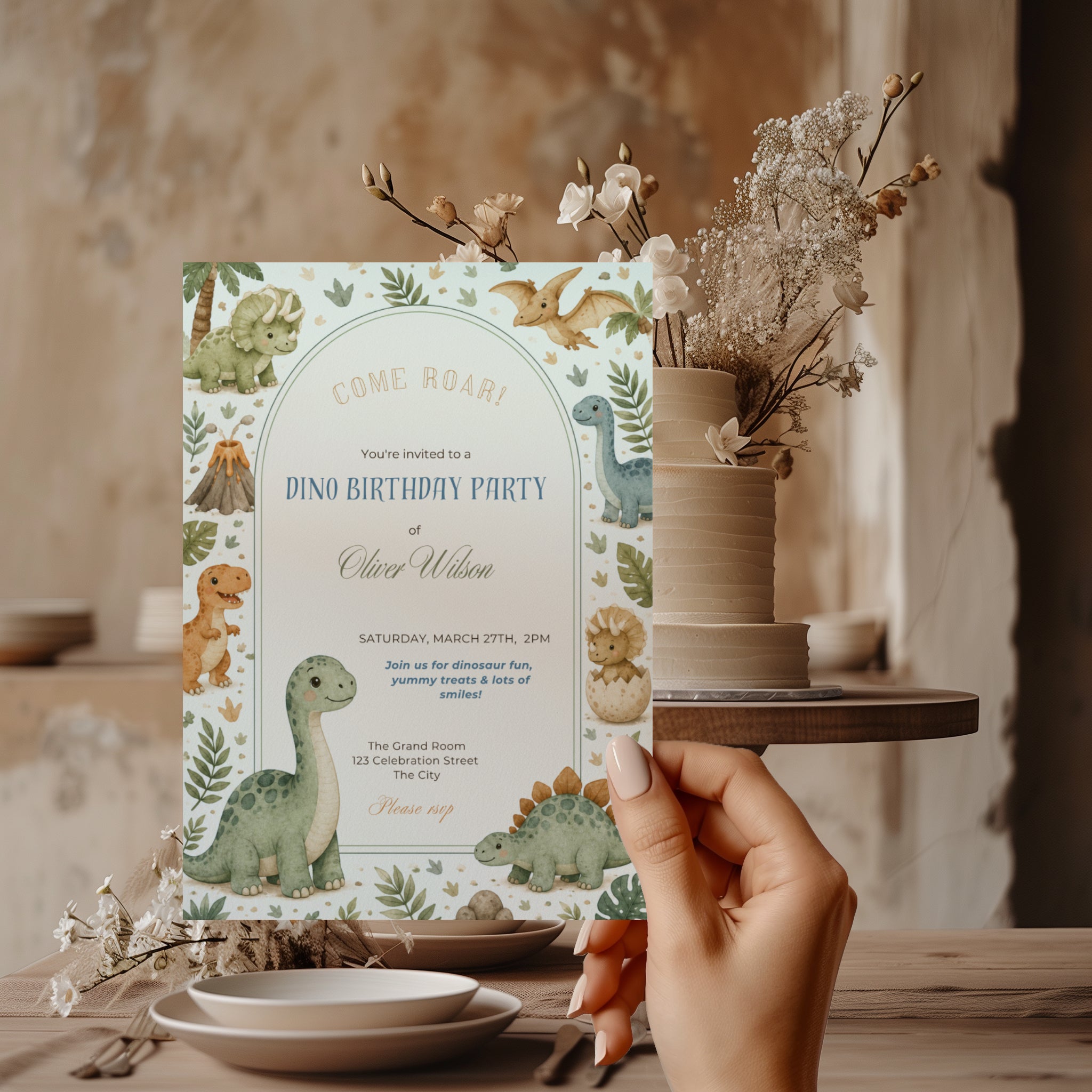 Editable cute baby dinosaur birthday invitation with watercolor dinosaurs and neutral earthy colors Canva template