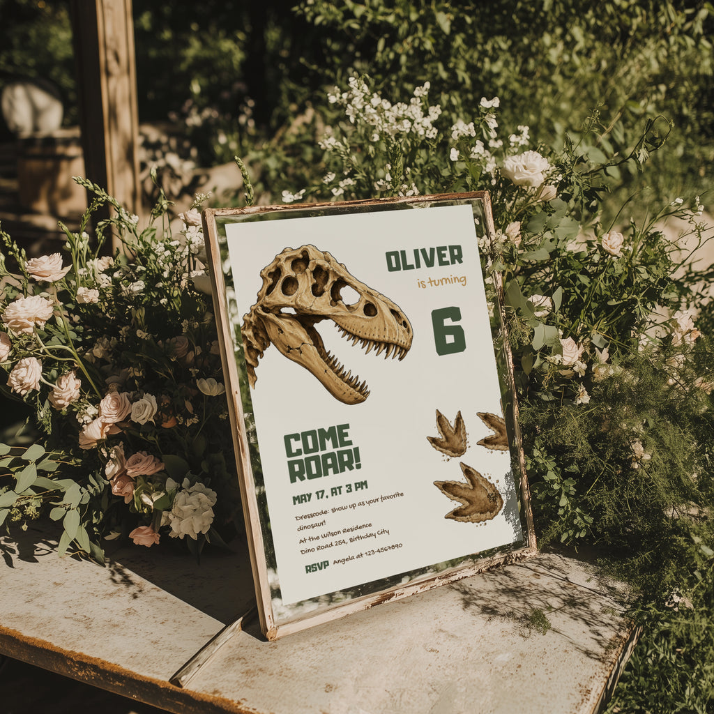 Editable dinosaur fossil birthday invitation featuring a realistic T-Rex skull and prehistoric footprints Canva template