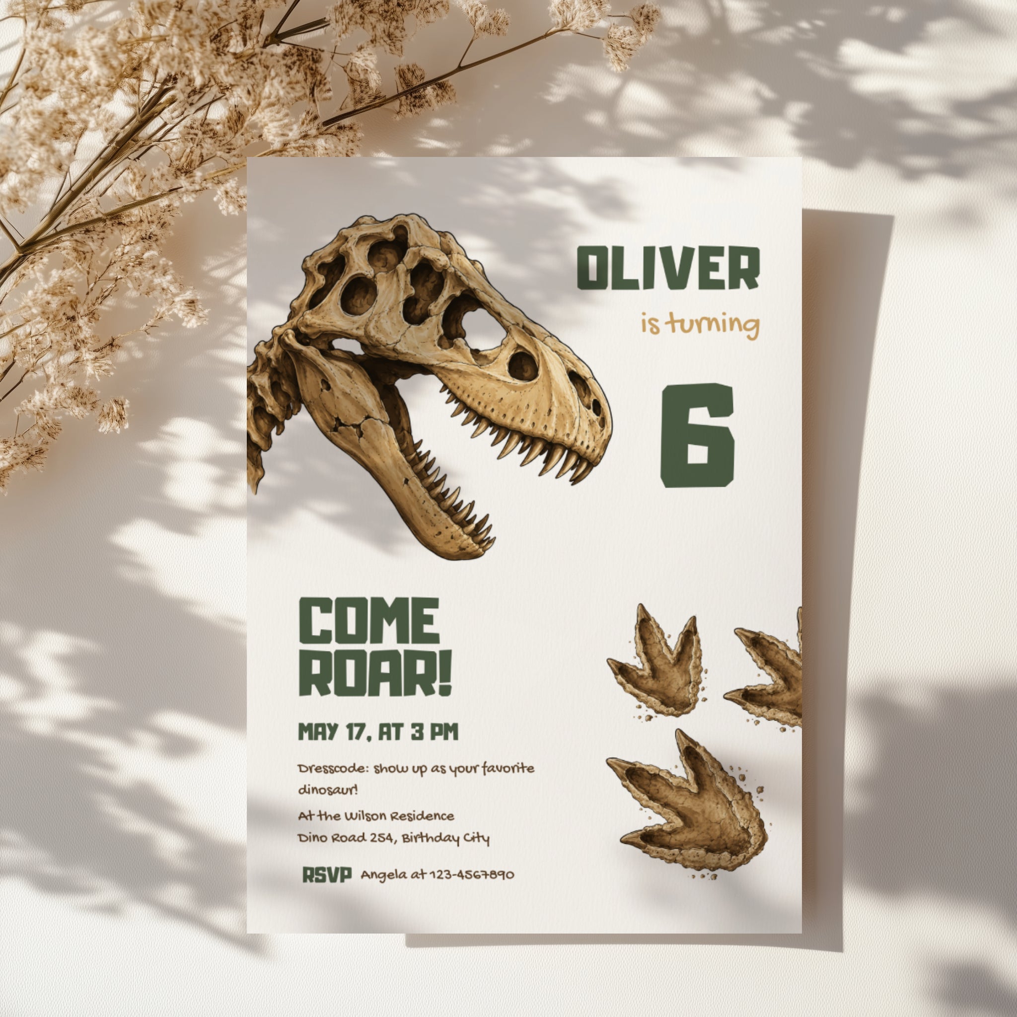 Editable dinosaur fossil birthday invitation featuring a realistic T-Rex skull and prehistoric footprints Canva template