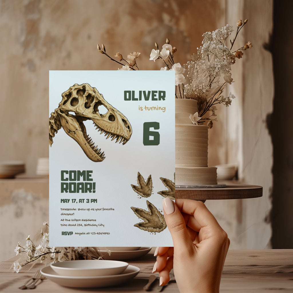 Editable dinosaur fossil birthday invitation featuring a realistic T-Rex skull and prehistoric footprints Canva template