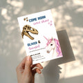 Editable dinosaur unicorn twin birthday invitation featuring a realistic dinosaur fossil and magical unicorn Canva template