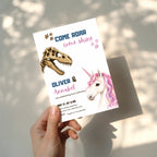 Editable dinosaur unicorn twin birthday invitation featuring a realistic dinosaur fossil and magical unicorn Canva template