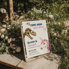 Editable dinosaur unicorn twin birthday invitation featuring a realistic dinosaur fossil and magical unicorn Canva template
