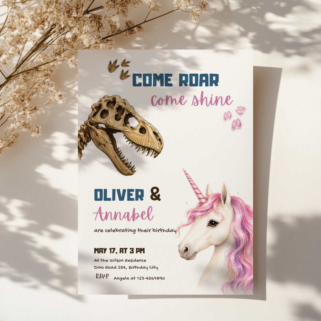 Editable dinosaur unicorn twin birthday invitation featuring a realistic dinosaur fossil and magical unicorn Canva template