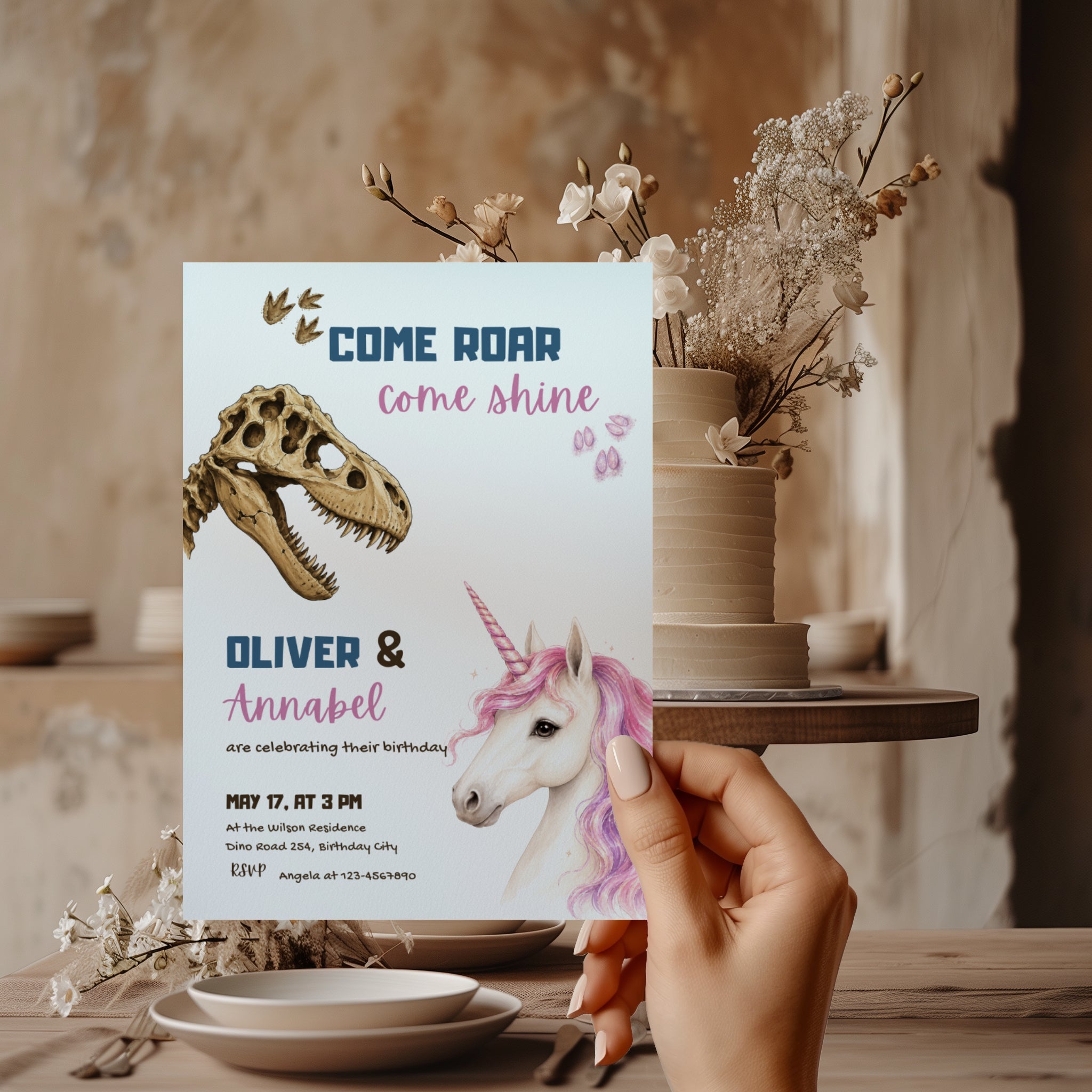 Editable dinosaur unicorn twin birthday invitation featuring a realistic dinosaur fossil and magical unicorn Canva template