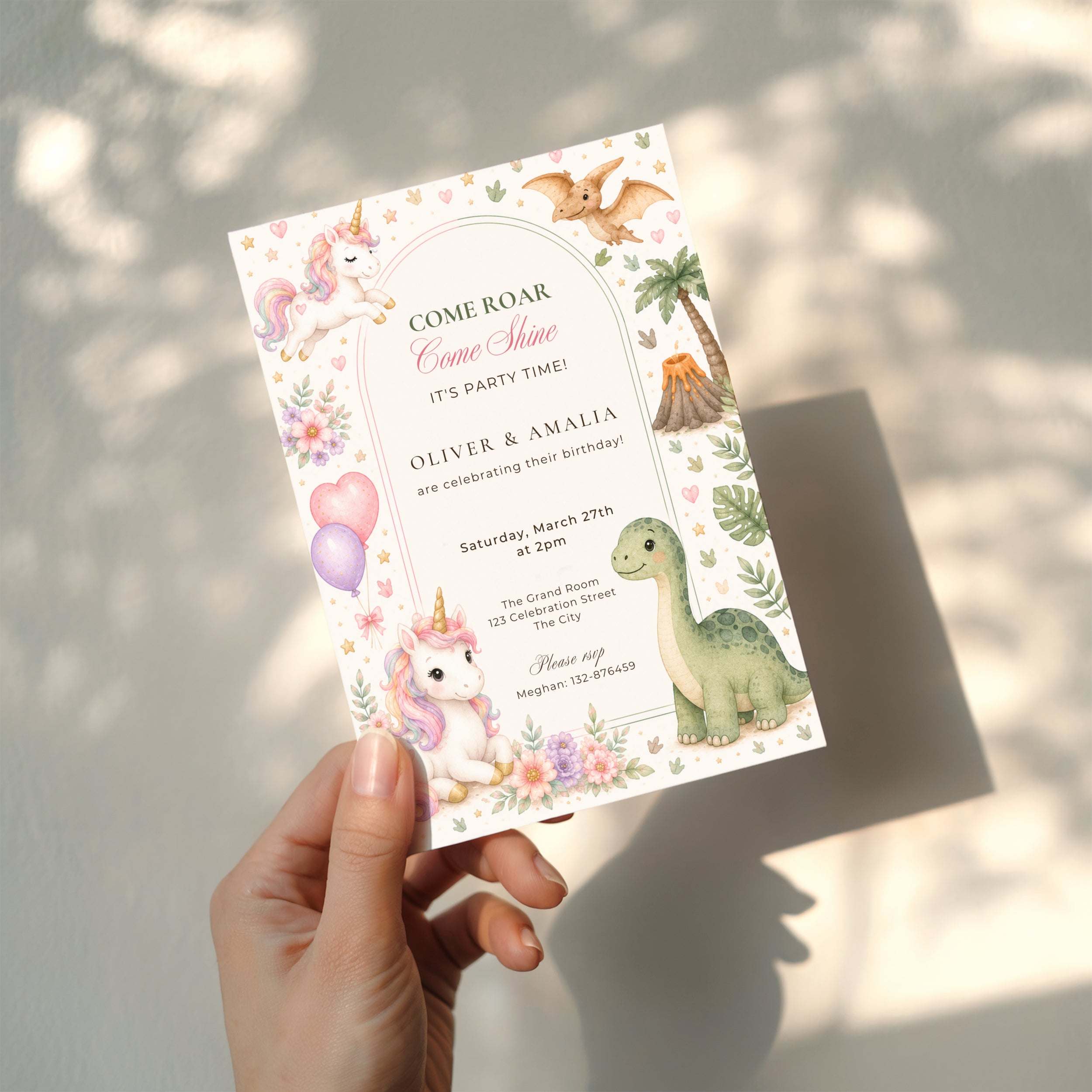 Editable unicorn dinosaur twin birthday invitation with watercolor unicorns and baby dinosaurs in soft pastel colors Canva template