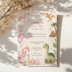 Editable unicorn dinosaur twin birthday invitation with watercolor unicorns and baby dinosaurs in soft pastel colors Canva template