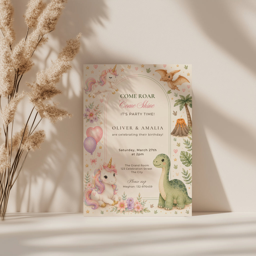 Editable unicorn dinosaur twin birthday invitation with watercolor unicorns and baby dinosaurs in soft pastel colors Canva template