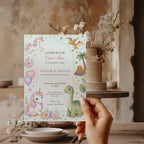 Editable unicorn dinosaur twin birthday invitation with watercolor unicorns and baby dinosaurs in soft pastel colors Canva template