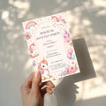 Editable magical unicorn birthday invitation with watercolor unicorns, pastel rainbow, castle and floral accents Canva template